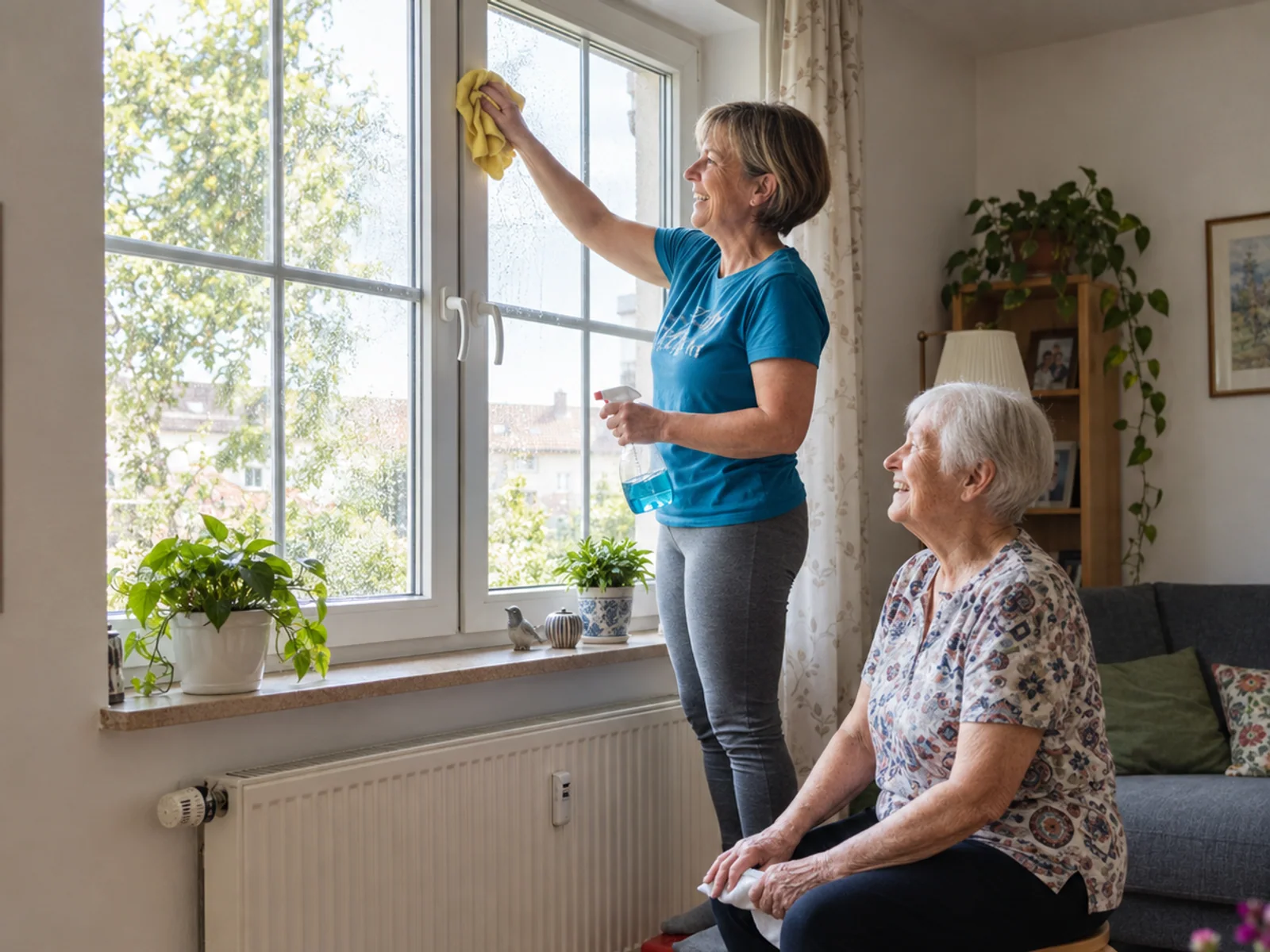 Alltagshelferin reinigt in einer Dresdner Wohnung ein Fenster, während eine Seniorin zuschaut