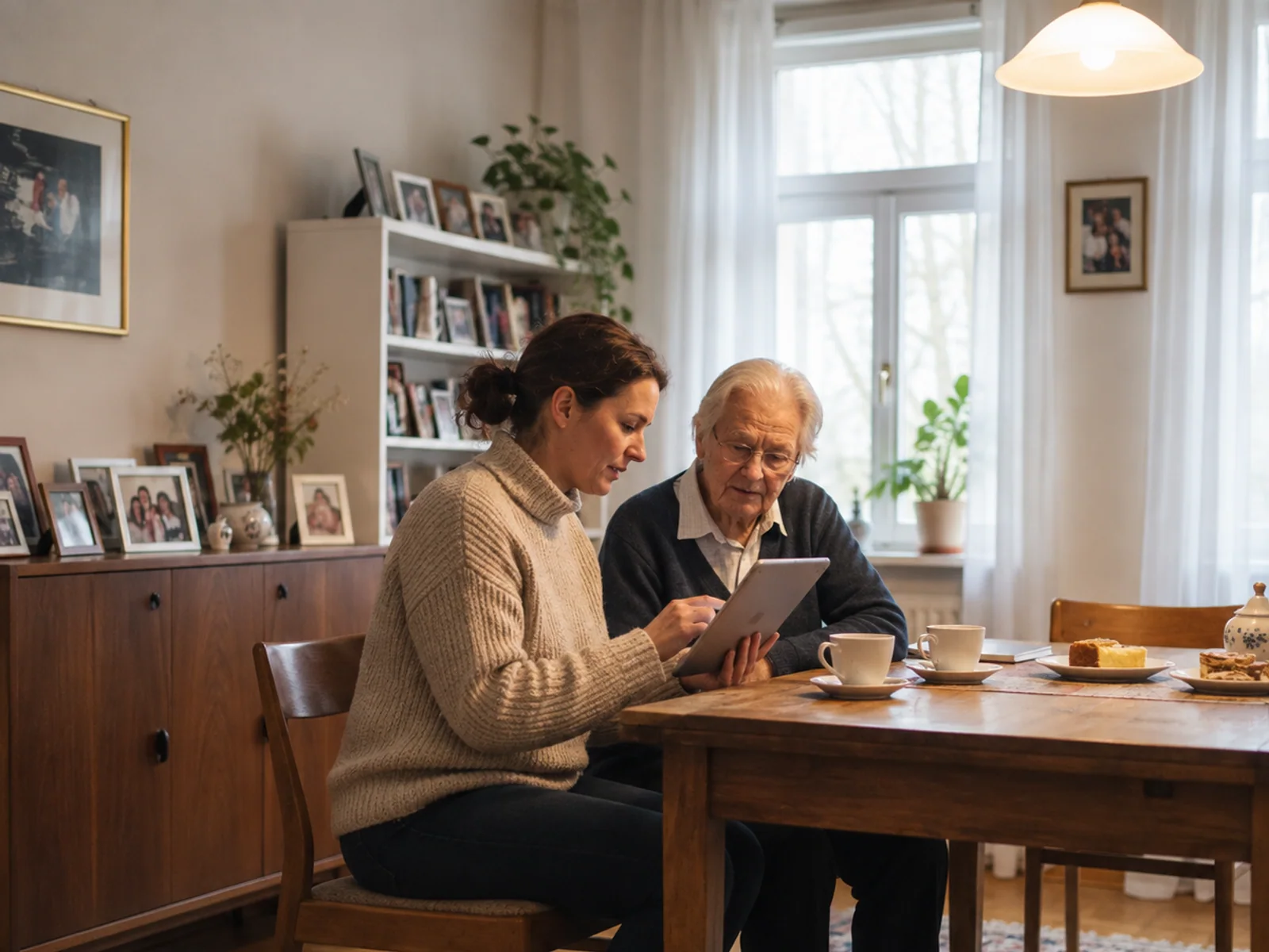 Alltagshelferin erklärt einem Senior die Nutzung eines Tablets