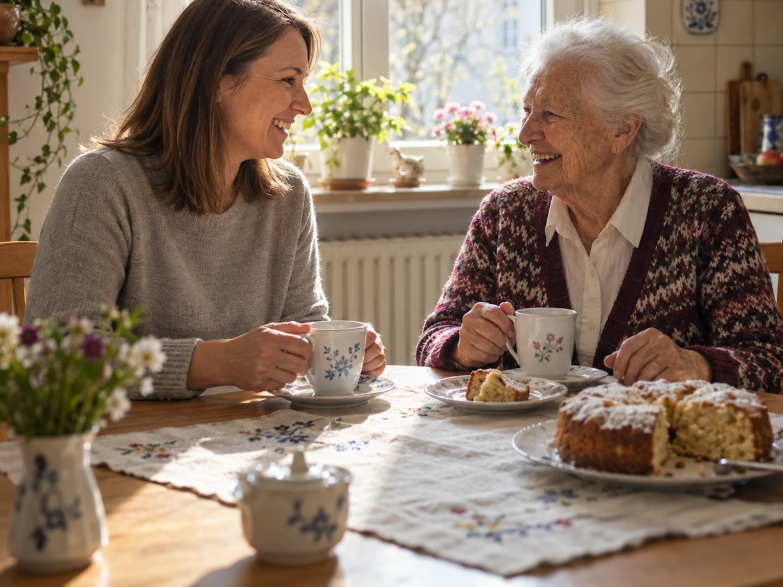 Eine Alltagshelferin und eine Seniorin unterhalten sich neben einem hellen Fenster.
