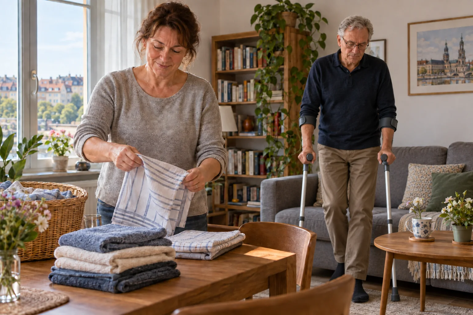 Haushaltshilfe faltet Wäsche, während sich ein Mann mit Unterarmgehstützen zuhause erholt