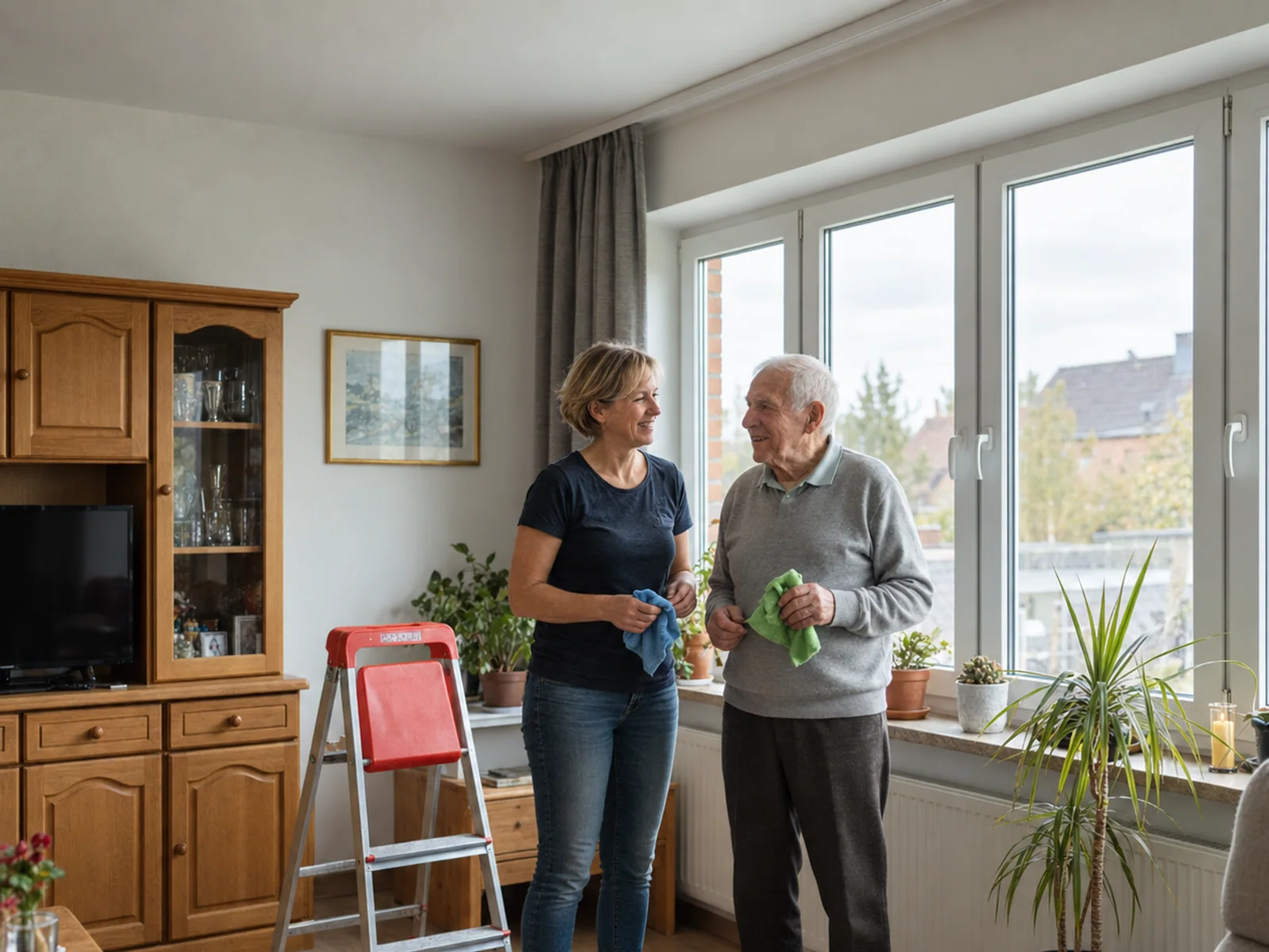 Alltagshelferin und Senior erledigen leichte Arbeiten im Wohnzimmer