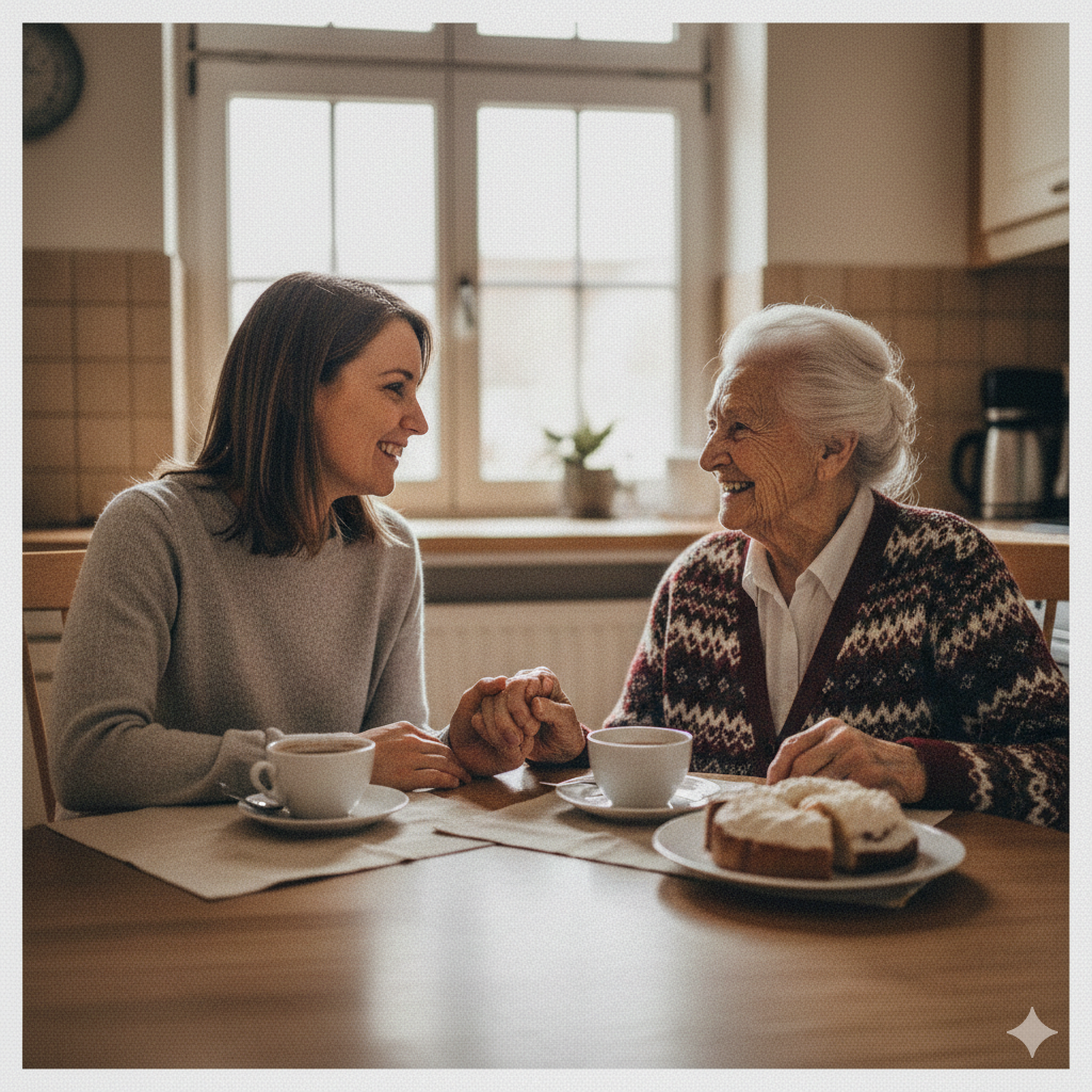 Helferin im Gespräch mit Seniorin bei einer Tasse Kaffee