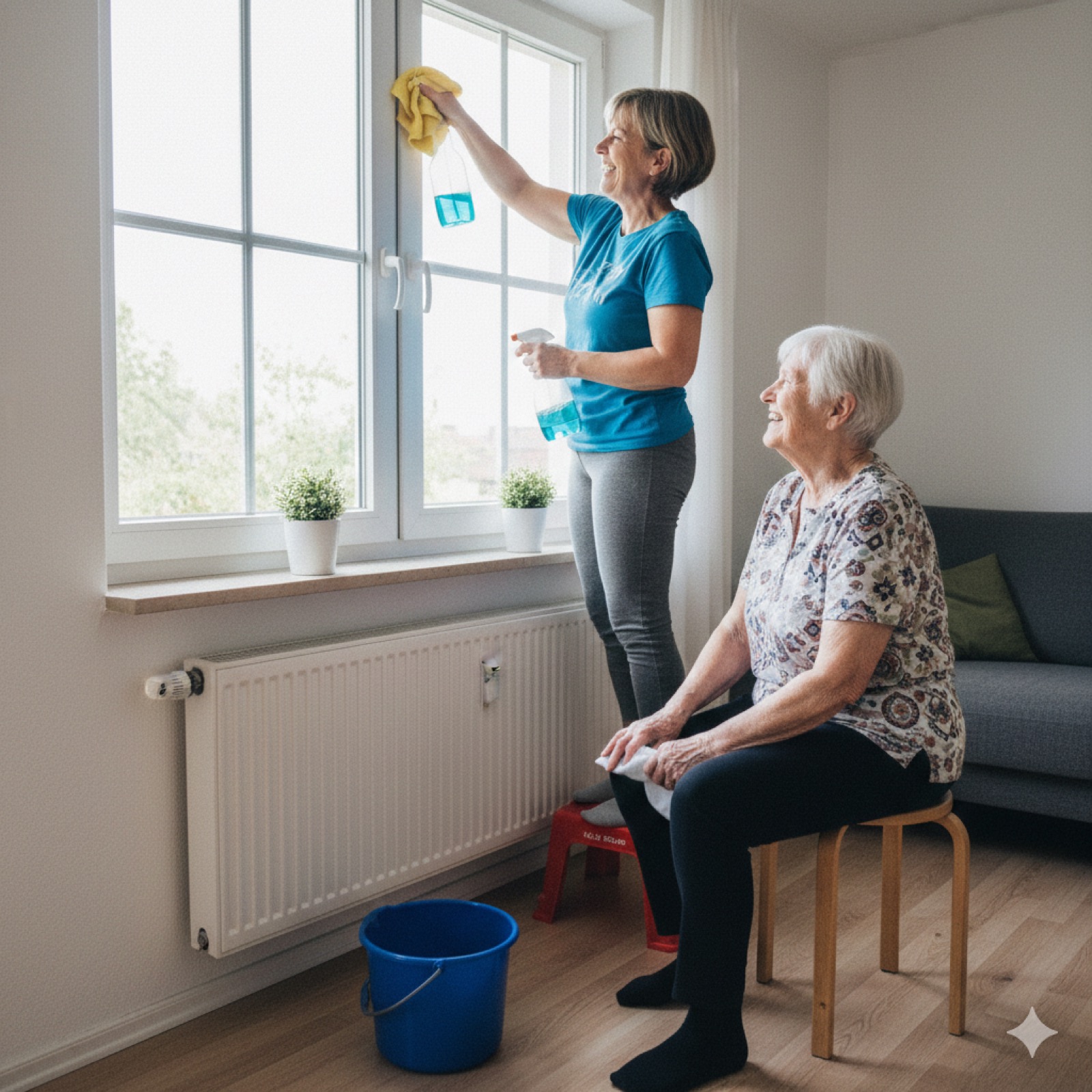 Freundliche Helferin putzt Fenster im Haushalt
