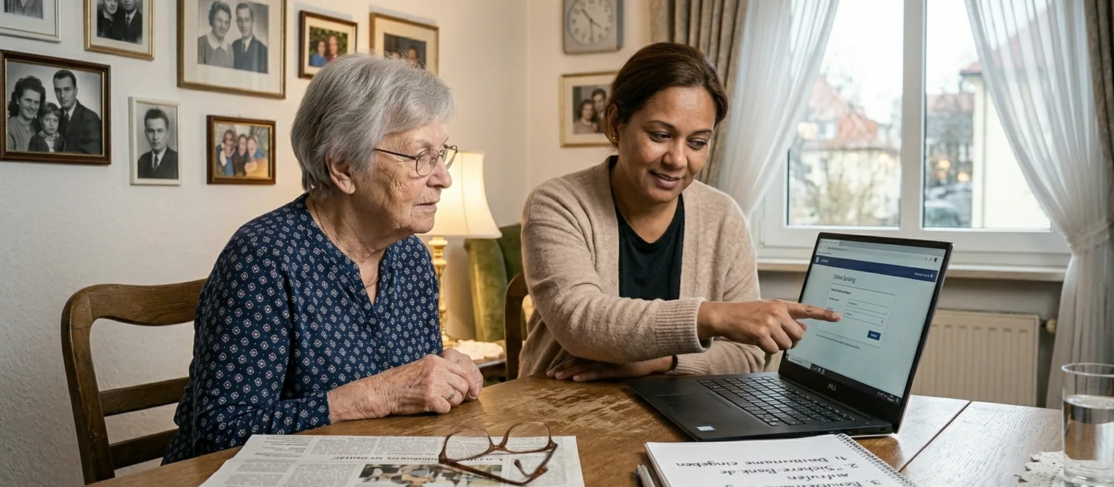 Alltagshilfe auswählen: 10-Fragen-Checkliste + Dresden-Anbietervergleich | Sonnenseite Alltagshilfen Seniorin und Beraterin vergleichen am Laptop verschiedene Anbieter – worauf es bei der Auswahl der Alltagshilfe ankommt.