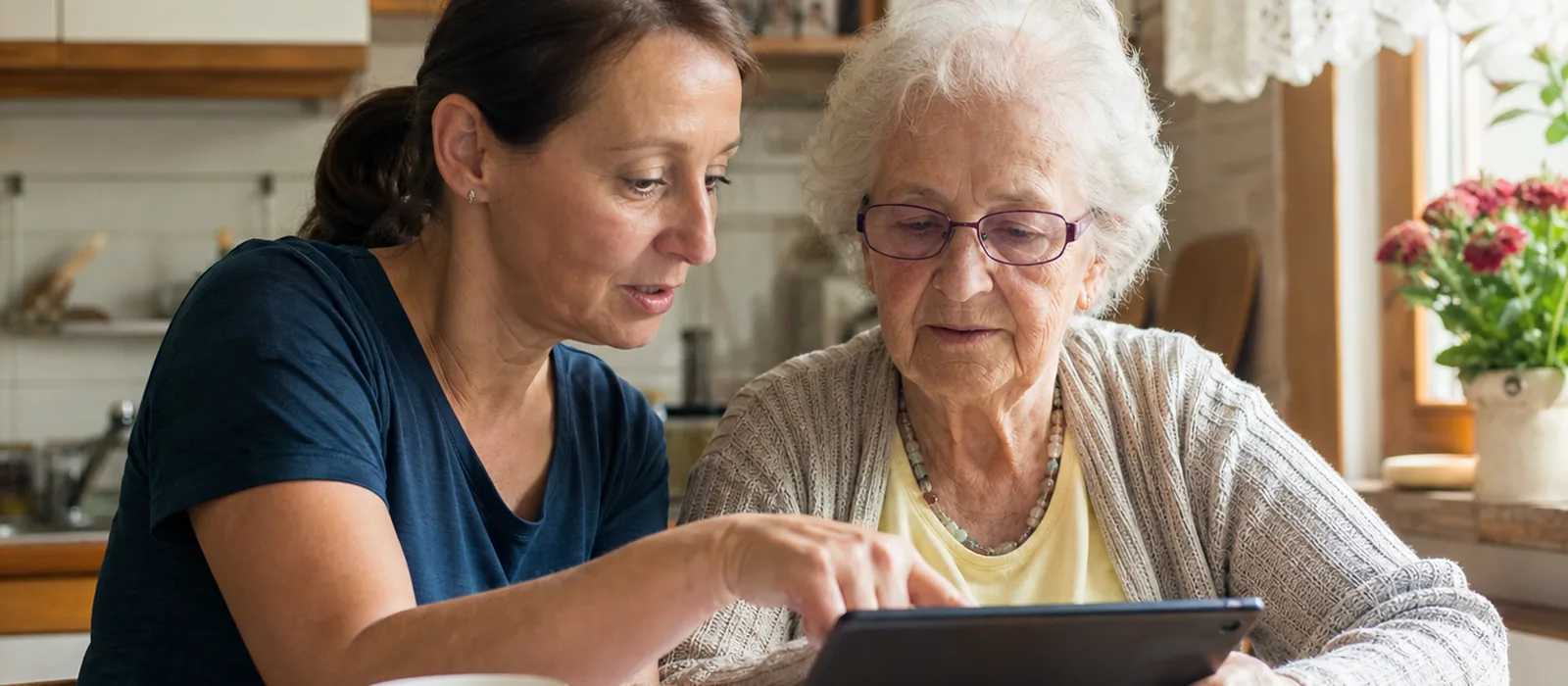 Alltagshilfe Dresden: 15 häufige Fragen konkret beantwortet | Sonnenseite Alltagshilfen Seniorin und Alltagshelferin schauen gemeinsam auf ein Tablet und beantworten Fragen rund um Alltagshilfe in Dresden.