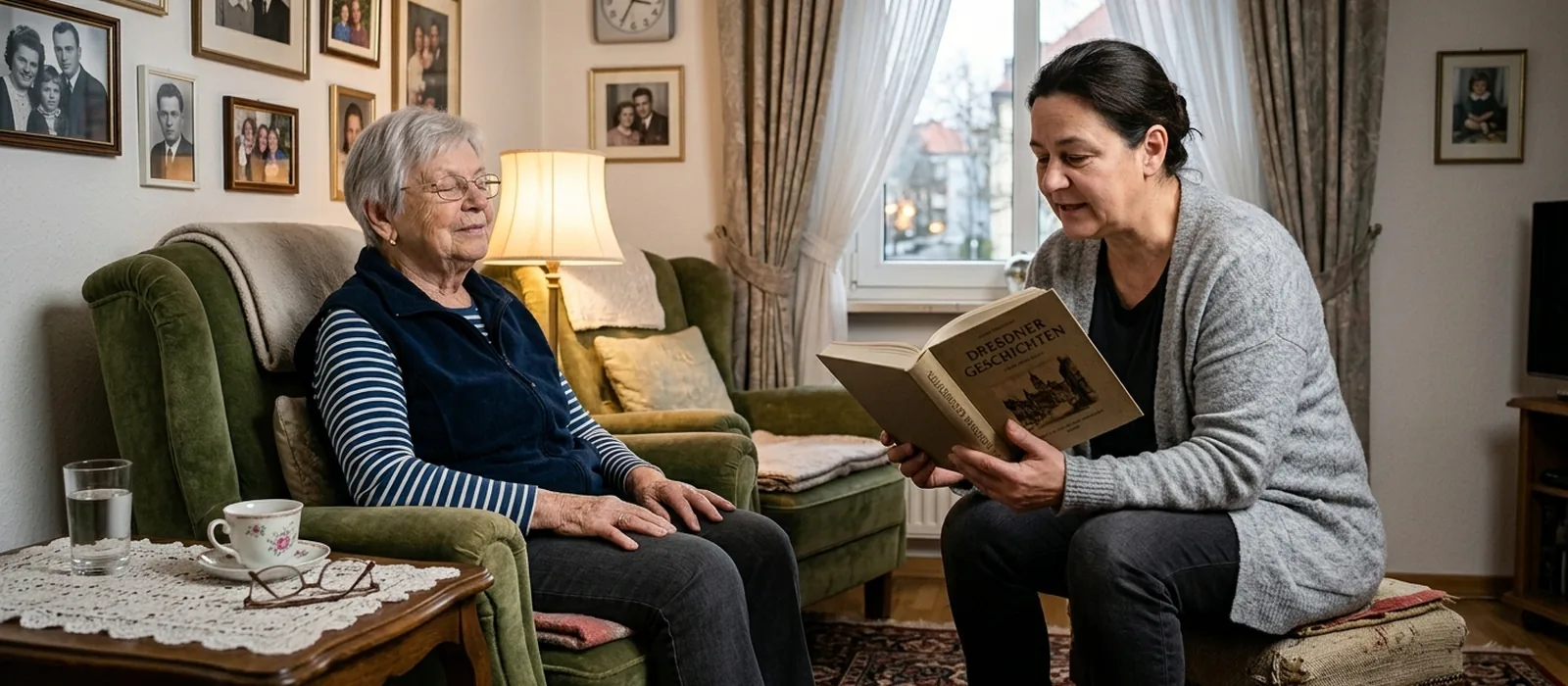 Alltagshilfe in Dresden-Kaditz: Unterstützung vor Ort | Sonnenseite Alltagshilfen Senior und Begleiterin lesen gemeinsam in Sesseln im Wohnzimmer – Gesellschaft und Alltagshilfe in Dresden-Kaditz.