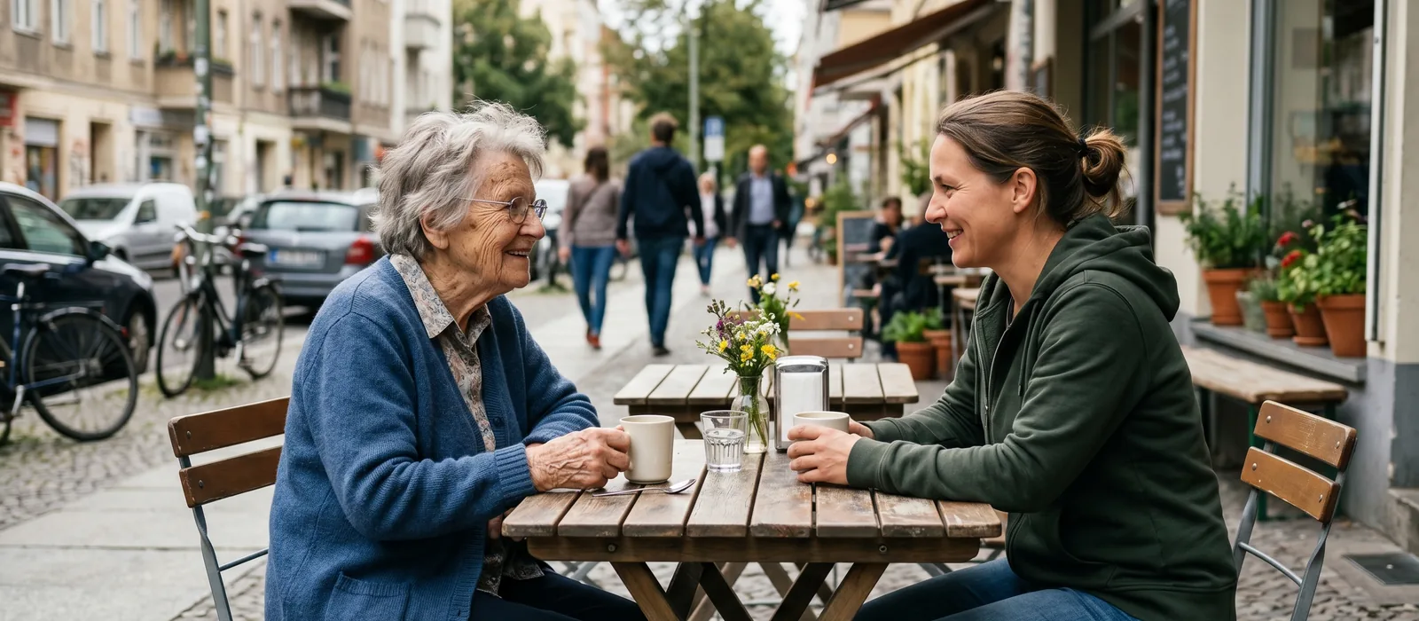 Alltagshilfe in Dresden-Pillnitz: Unterstützung vor Ort | Sonnenseite Alltagshilfen Seniorin und Begleiterin sitzen in einem Straßencafé – Begleitung zu Ausflugszielen rund um Pillnitz.