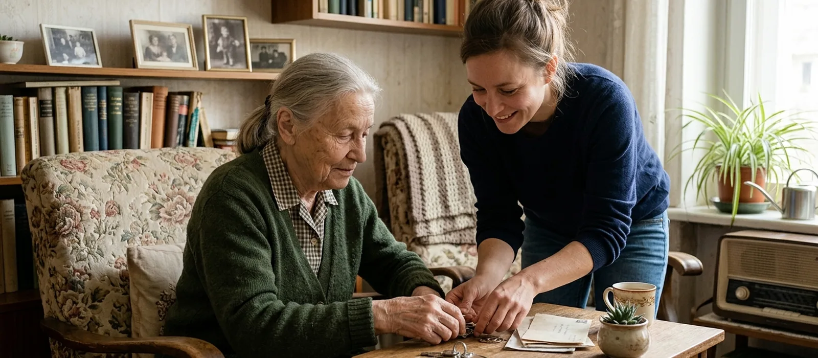 Arztbegleitung: Wann zahlt die Pflegekasse? | Sonnenseite Alltagshilfen Alltagshelferin begleitet Senior und hilft ihm beim Aufstehen – Arztbegleitung als Leistung der Pflegekasse.