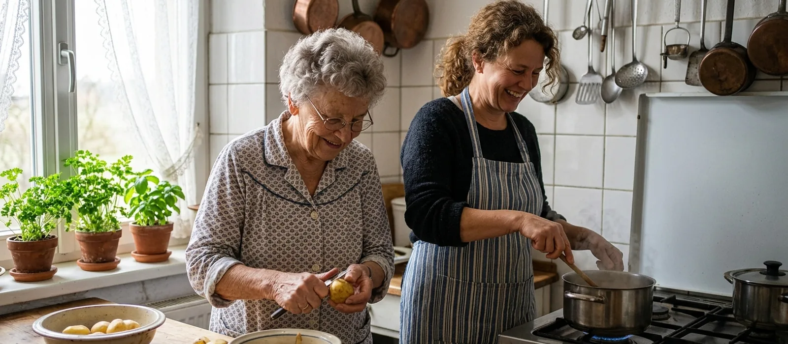 Betreuung ohne Pflegegrad organisieren: Privatkosten, Eilantrag, Anlaufstellen | Sonnenseite Alltagshilfen Helferin kocht gemeinsam mit Seniorin in der Küche – Betreuung im Alltag lässt sich auch ohne Pflegegrad organisieren.