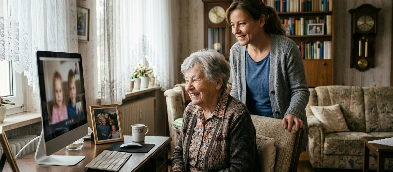 Demenz-Betreuung zu Hause: Was hilft wirklich? | Sonnenseite Alltagshilfen Alltagsbegleiterin schaut mit Senior gemeinsam Erinnerungsfotos an – sanfte Aktivierung bei Demenz zu Hause.