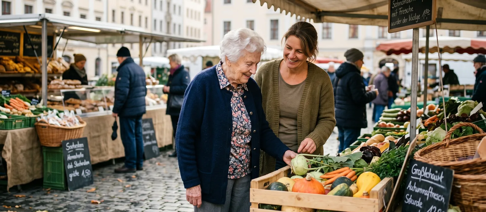 Einkaufsbegleitung für Senioren in Dresden | Sonnenseite Alltagshilfen Alltagsbegleiterin und Seniorin wählen am Marktstand frisches Obst und Gemüse aus – Einkaufsbegleitung in Dresden.