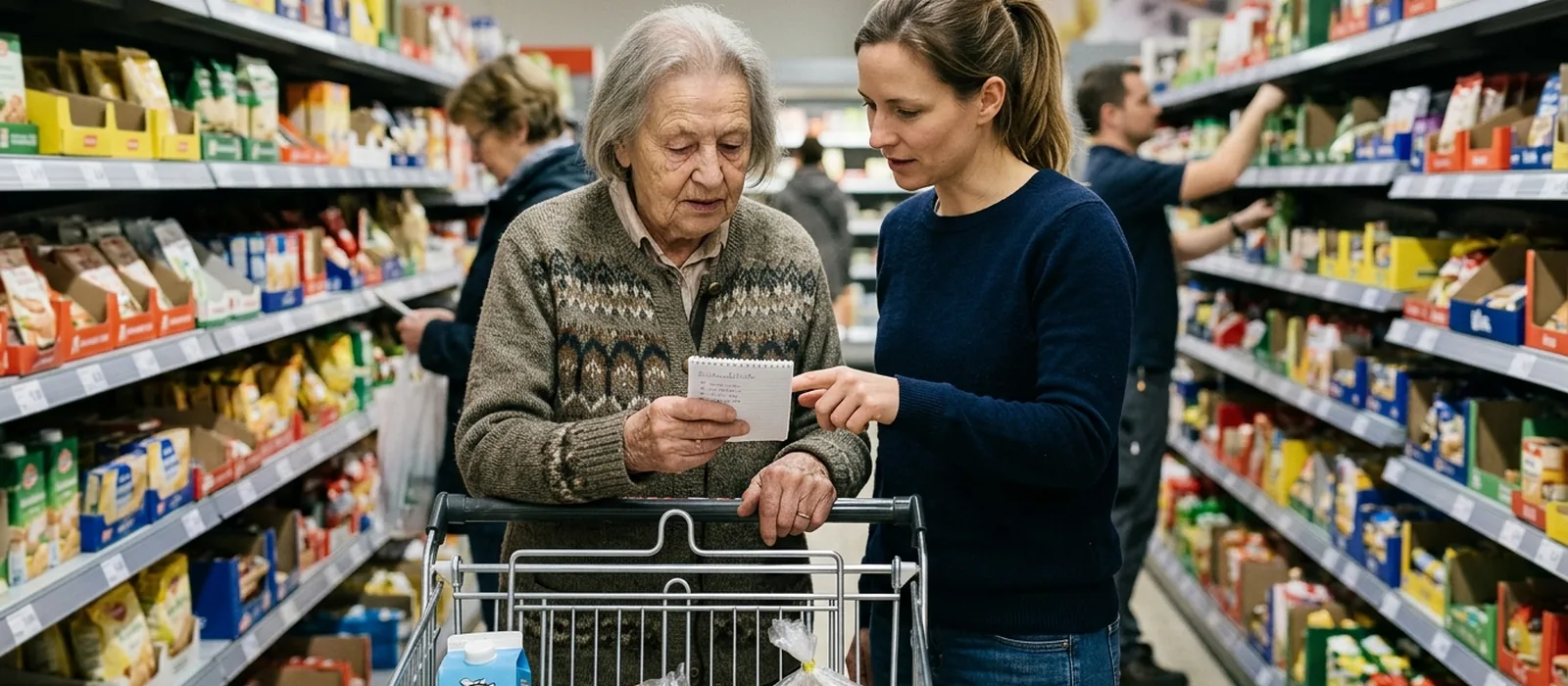Einkaufshilfe in Freital: Unterstützung vor Ort | Sonnenseite Alltagshilfen Senior schiebt mit Begleiterin den Einkaufswagen durch den Supermarkt – Einkaufshilfe für Senioren in Freital.