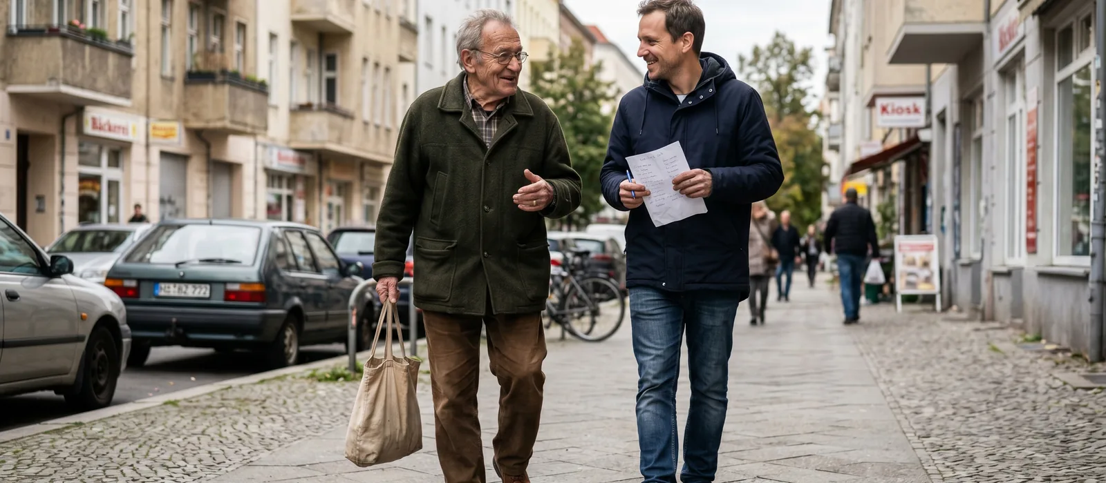 Einkaufshilfe in Radebeul: Unterstützung vor Ort | Sonnenseite Alltagshilfen Seniorin und Begleiter tragen Einkaufstaschen durch eine Wohnstraße – Einkaufshilfe für Senioren in Radebeul.