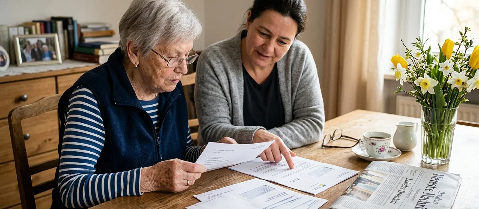Entlastungsbetrag rückwirkend nutzen: Was ist möglich? | Sonnenseite Alltagshilfen Beraterin erklärt Seniorin am Tisch, wie der Entlastungsbetrag bis zu sechs Monate rückwirkend genutzt werden kann.