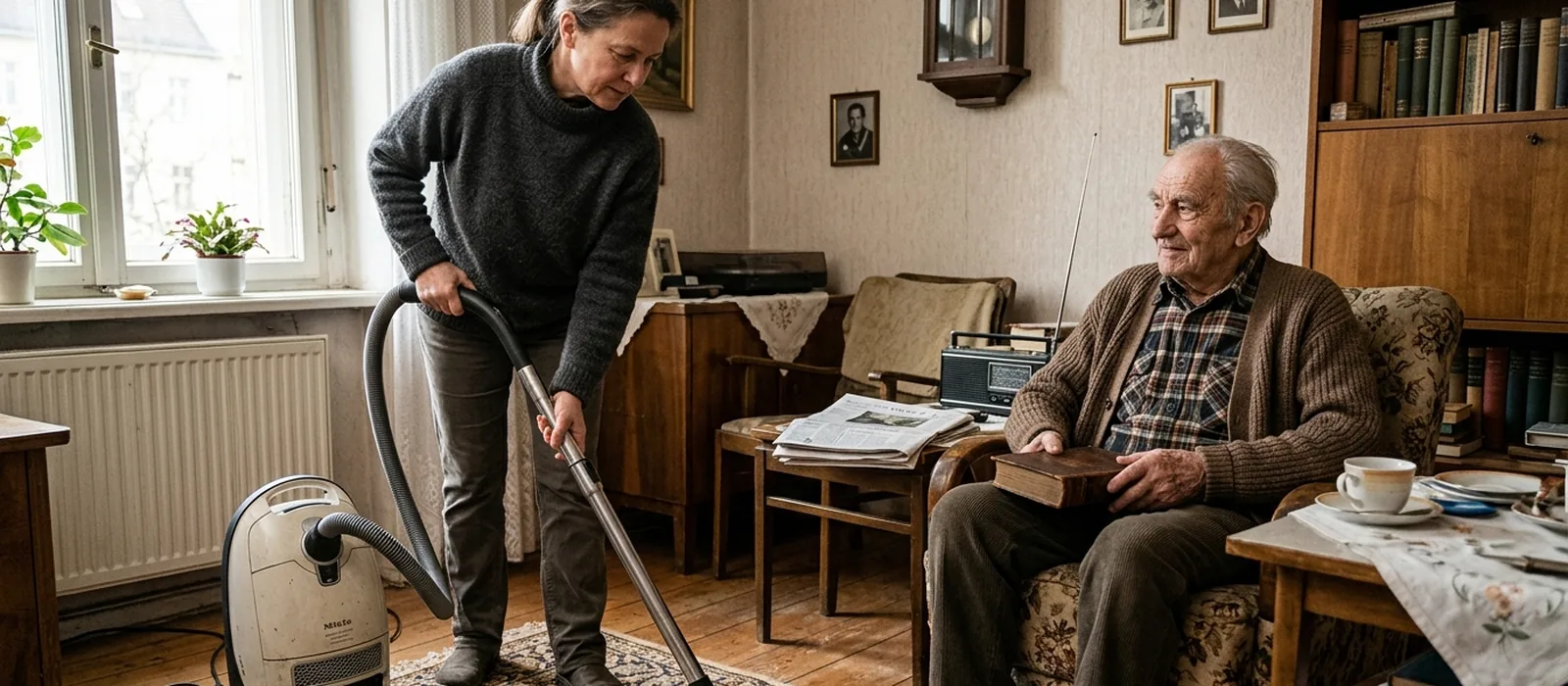 Haushaltshilfe in Pirna: Unterstützung vor Ort | Sonnenseite Alltagshilfen Haushaltshilfe saugt im Wohnzimmer, während der Senior auf dem Sofa entspannt liest – Haushaltsentlastung in Pirna.