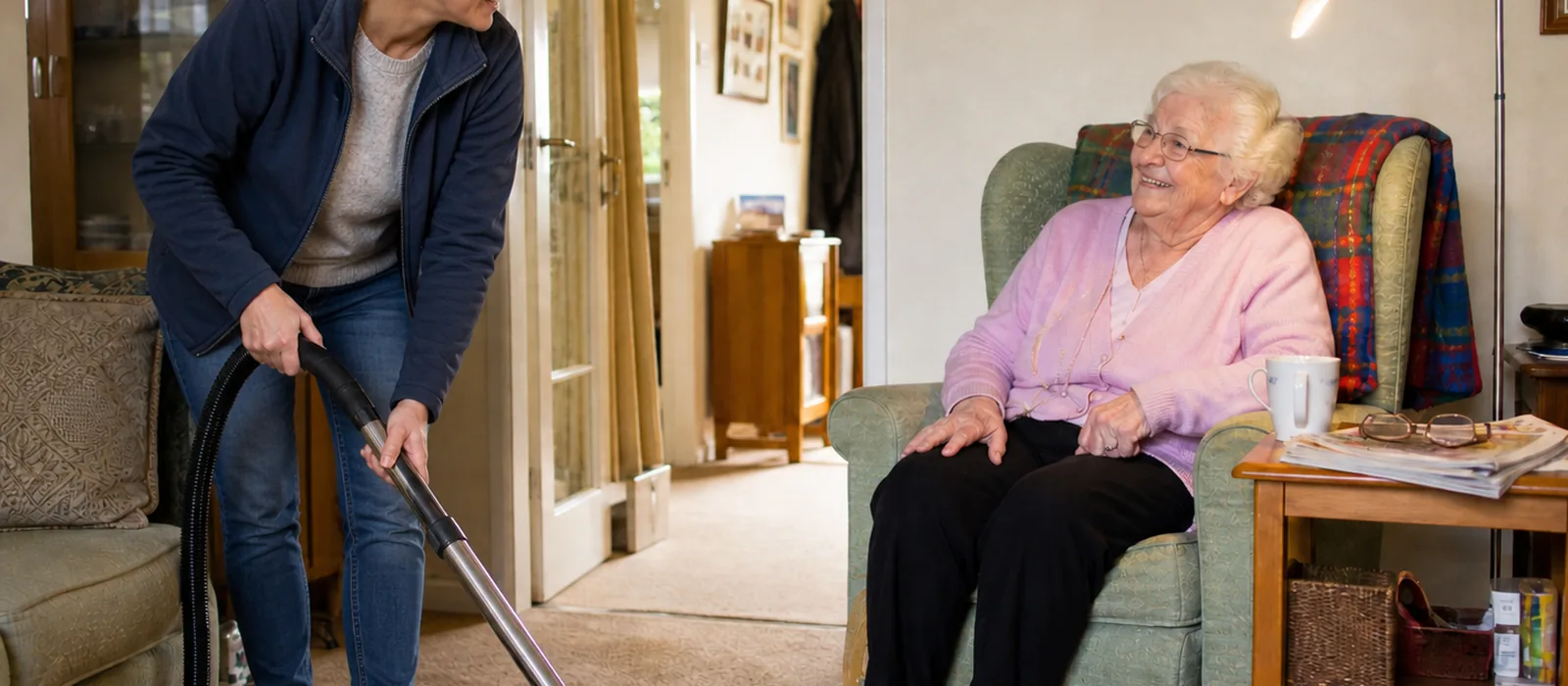 Haushaltshilfe in Radebeul: Unterstützung vor Ort | Sonnenseite Alltagshilfen Haushaltshilfe staubsaugt das Wohnzimmer, während die Seniorin entspannt im Sessel sitzt – Alltagsentlastung in Radebeul.
