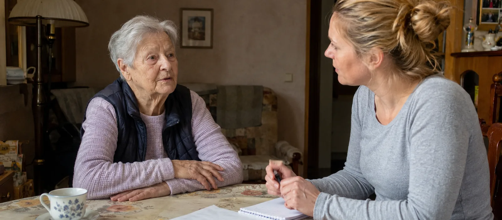 Kombinationsleistung in der Pflege: Was bedeutet das genau? | Sonnenseite Alltagshilfen Pflegeberaterin erklärt Seniorin am Wohnzimmertisch in Ruhe die Kombinationsleistung aus Pflegegeld und Sachleistung.