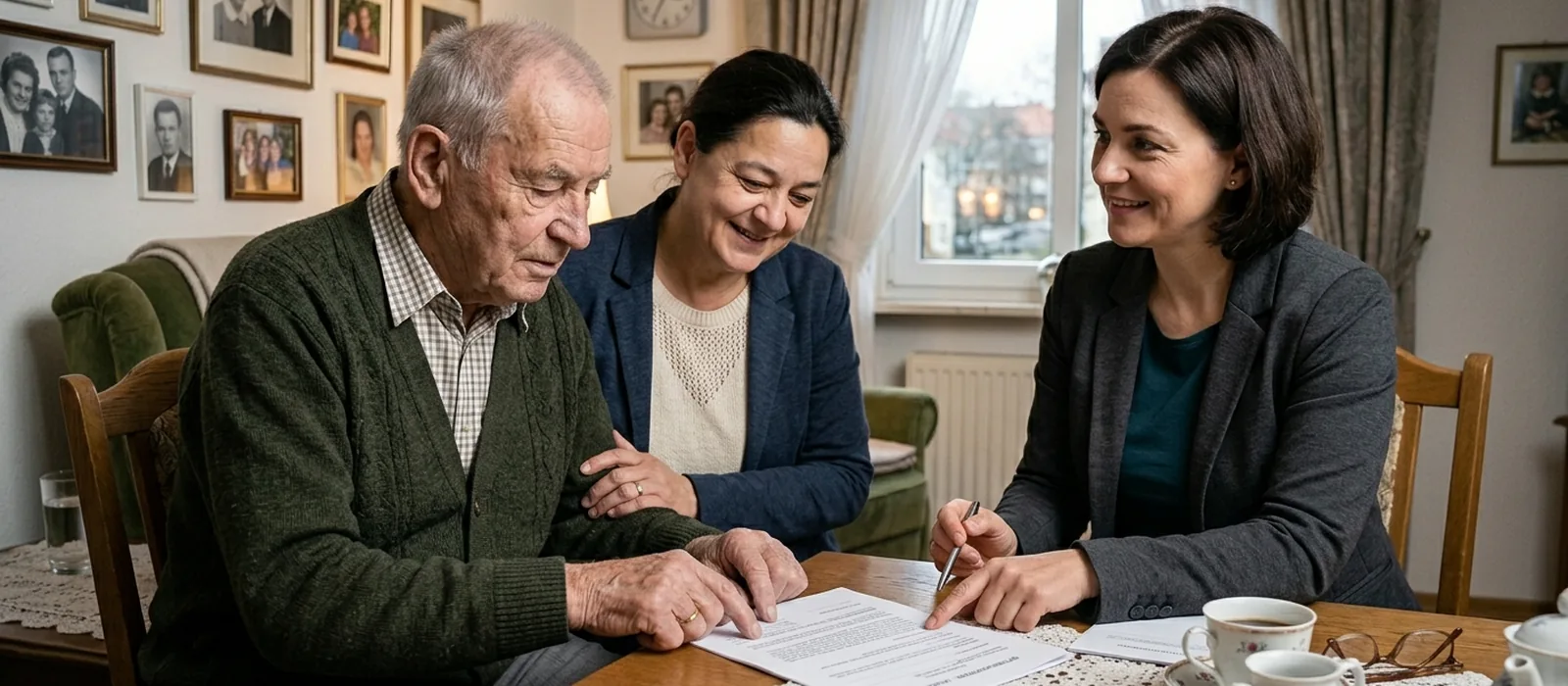 Familie und Beraterin sprechen am Tisch über Notfallplanung und Vorsorge – Checkliste für pflegende Angehörige.