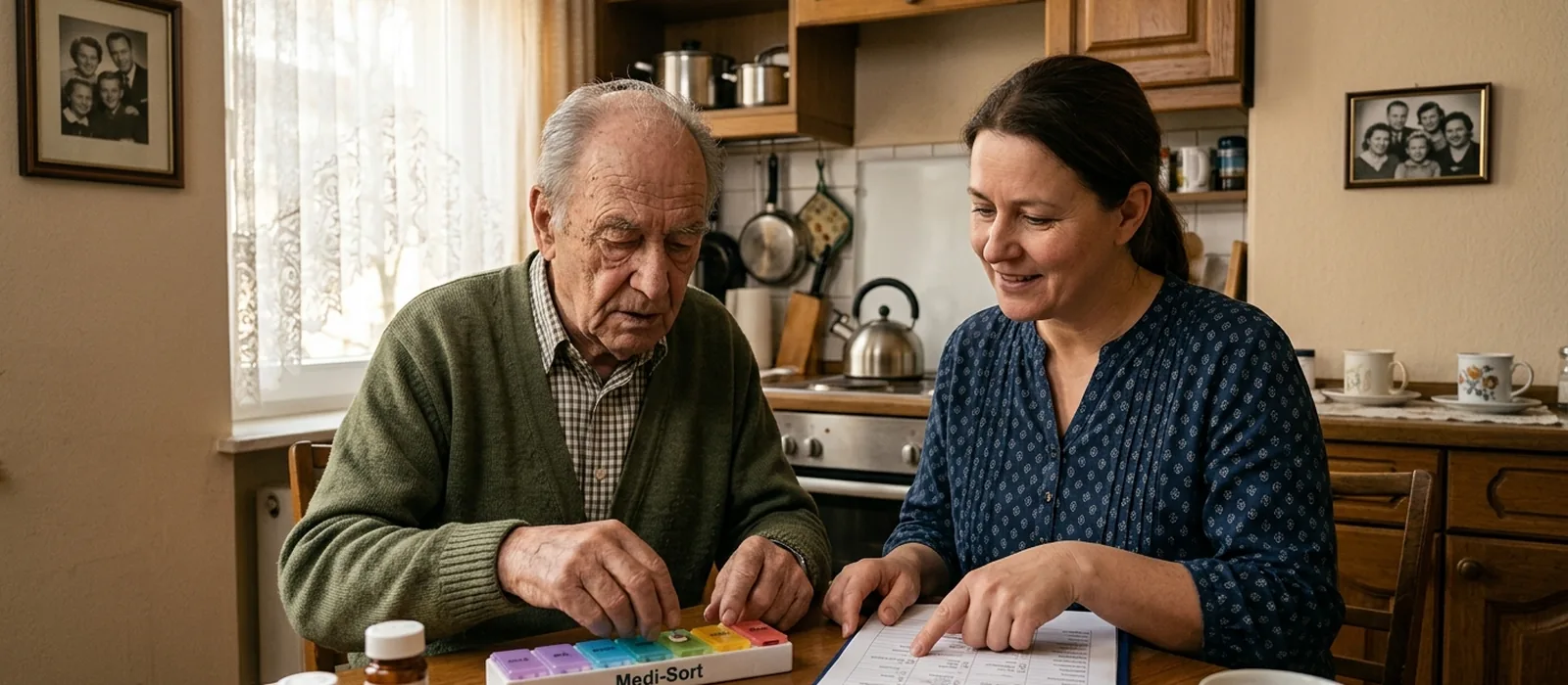 Pflegegeld Tabelle 2026: Alle Beträge im Überblick | Sonnenseite Alltagshilfen Familie sitzt mit Beraterin am Esszimmertisch und prüft die Pflegegeld-Tabelle 2026 mit allen Pflegegrad-Sätzen.