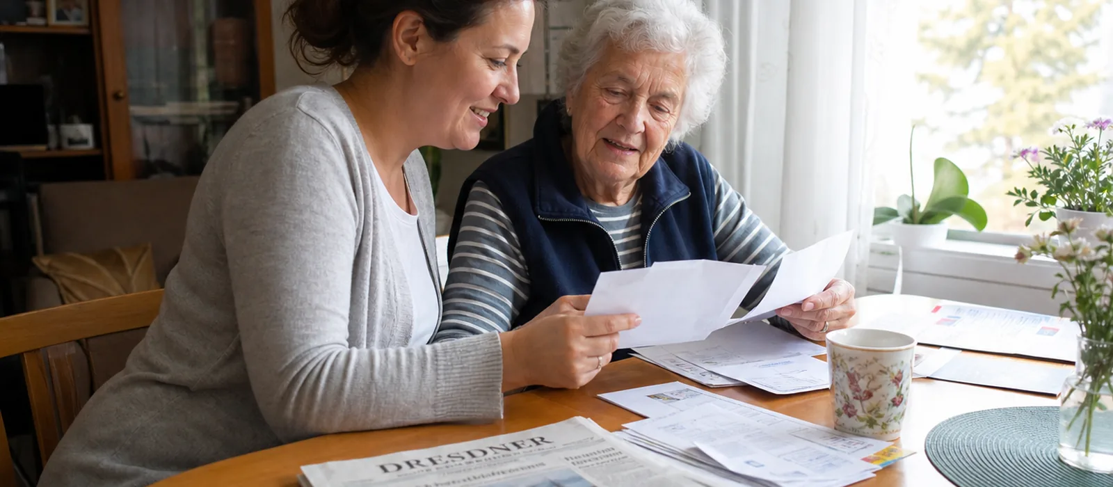 Pflegeberaterin geht mit Seniorin am Wohnzimmertisch den Pflegegrad-Antrag und die nötigen Unterlagen durch.