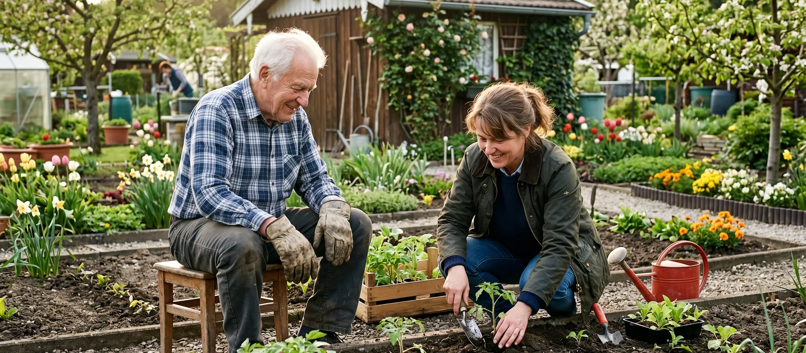Seniorenbetreuung in Radebeul: Unterstützung vor Ort | Sonnenseite Alltagshilfen Aktive Senioren arbeiten gemeinsam im Garten – Sinnbild für aktivierende Seniorenbetreuung in Radebeul.