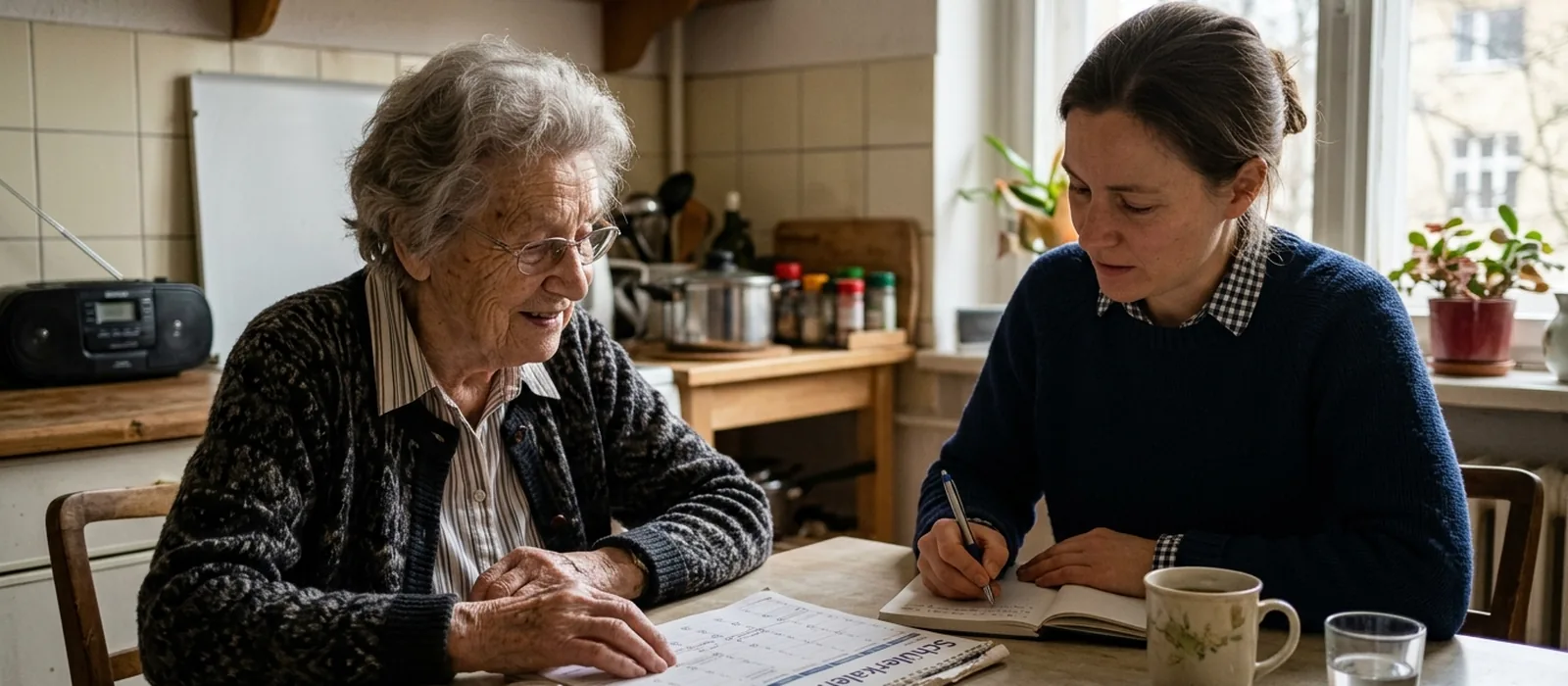 Beraterin und Seniorin sprechen in heller Küche über Tagesablauf und Tagespflege-Angebote in Dresden.