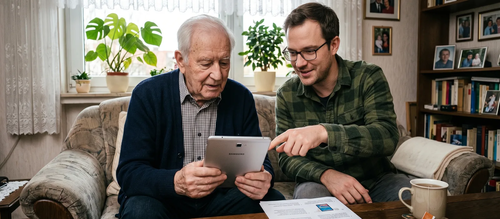 Unterschied Haushaltshilfe und Pflegekraft: Was ist der richtige Weg? | Sonnenseite Alltagshilfen Senior und Angehöriger besprechen auf dem Sofa Unterlagen – Entscheidung zwischen Haushaltshilfe und Pflegekraft.