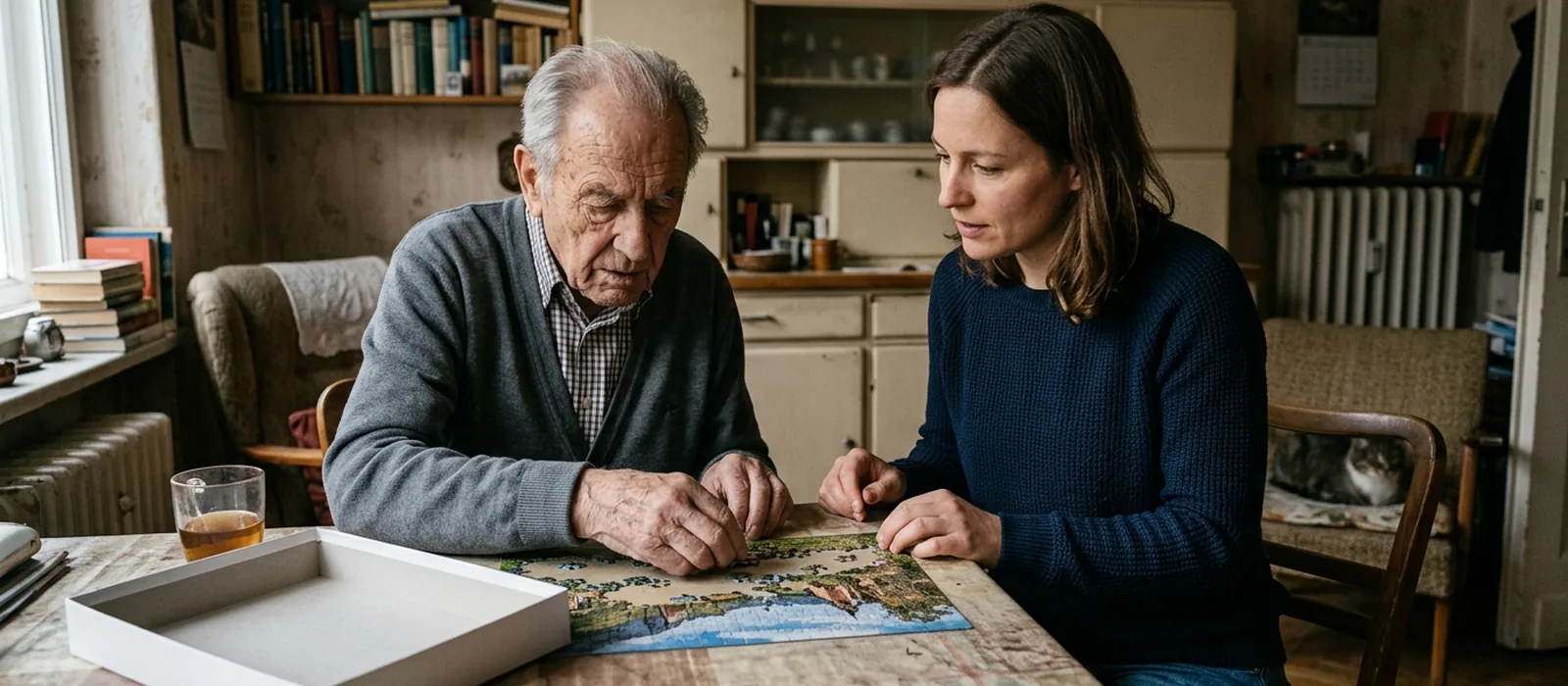 Beratungssituation am Wohnzimmertisch: Familie und Beraterin besprechen den Antrag für Verhinderungspflege.